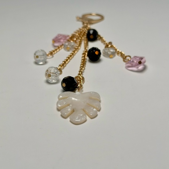 Gold Leaf Heart Beaded Key Chain Pink Black Acrylic Accent for Women - Picture 4 of 8